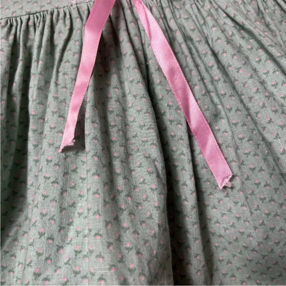 Vintage Handmade Green Pink Floral Lace Ruffle Girls Dress Easter